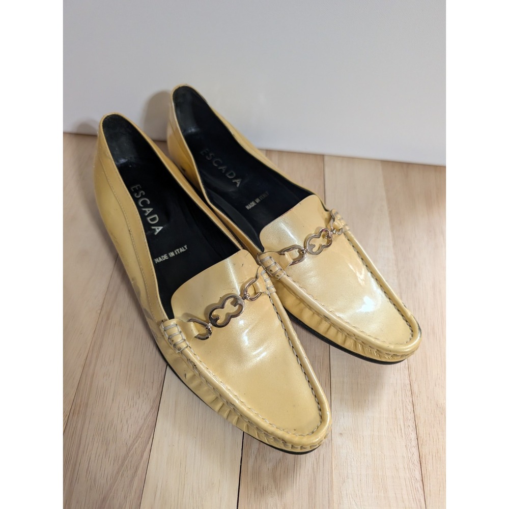 Escada Patent Leather Loafers Womens 38 US 7 Yellow Square Toe Buckle Vtg Italy